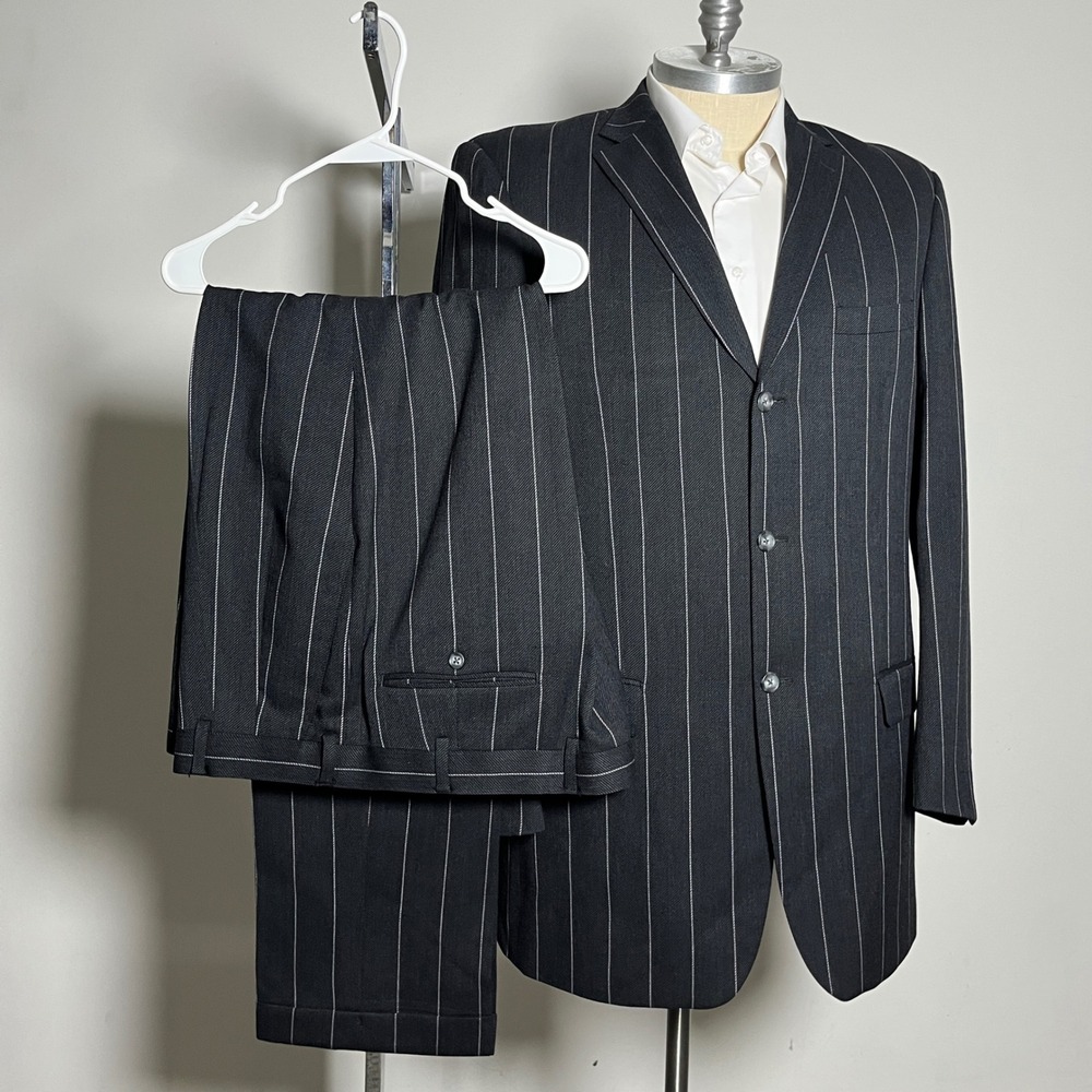 Paul Fredrick Suit Mens 46XL‎ 42x33 Charcoal Pinstripe 3-Button 100% Wool